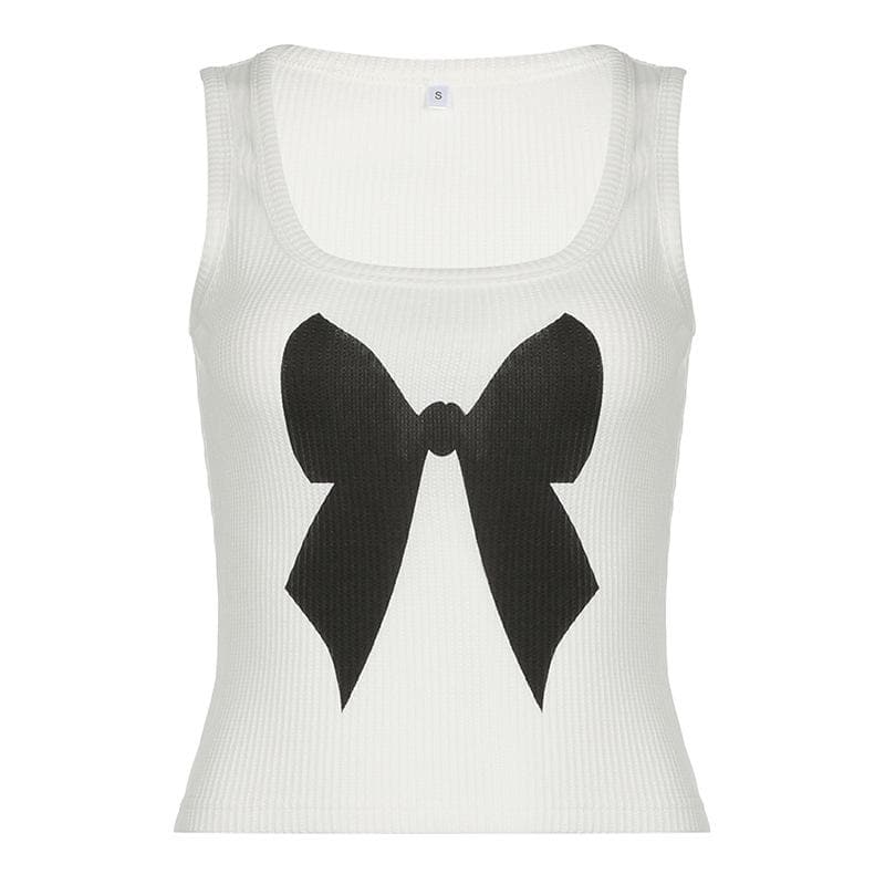 Square neck bowknot pattern ribbed tank top