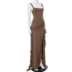 Square neck ruffle high slit cami maxi dress