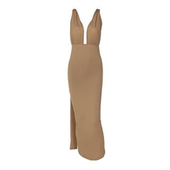 Ruched backless slit ribbon v neck knotted solid maxi dress-final-sale
