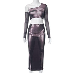 Long sleeve one shoulder body print irregular midi skirt set-final-sale