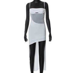 Solid irregular hollow out mesh backless cami cut out mini dress-final-sale