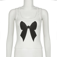 Square neck bowknot pattern ribbed tank top