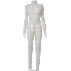 Crochet hollow out high neck lace up solid jumpsuit-final-sale