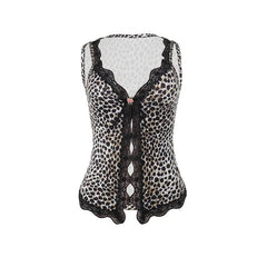 Leopard print lace hem hollow out v neck cut out top