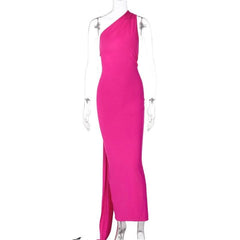 Ruched contrast backless one shoulder ribbon 2-way maxi dress-final-sale
