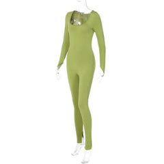 Long sleeve solid u neck slit jumpsuit- Final Sale-final-sale