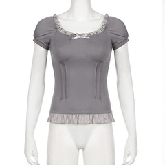 Short puff sleeve stitch ruffle bowknot top