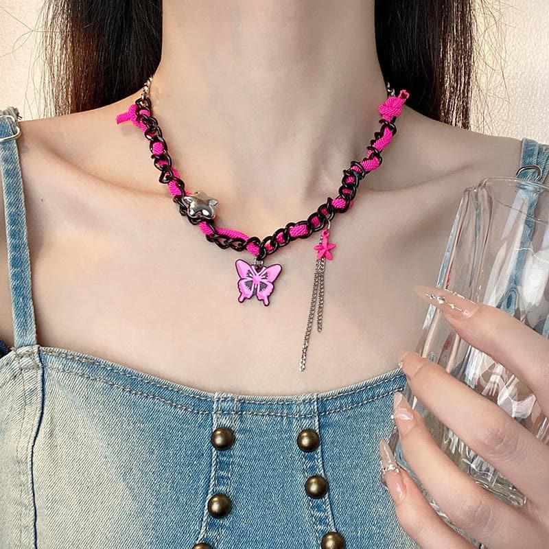 Butterfly tassels contrast chain necklace