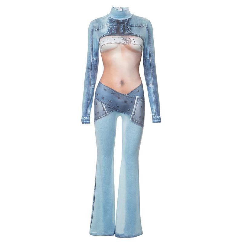 Long sleeve high neck body print zip-up contrast jumpsuit