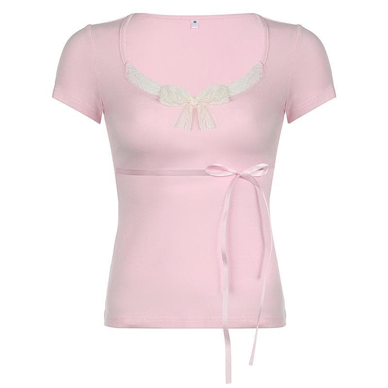 Short sleeve u neck bowknot lace hem top