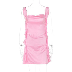 Cowl neck ruffle satin ruched cami mini dress