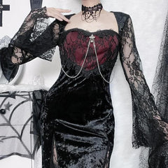 Lace contrast long flared sleeve metal chain zip-up velvet midi dress-final-sale