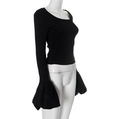 Long puff sleeve round neck ribbed ruched top-final-sale