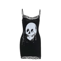 Skull print lace hem cami mini dress