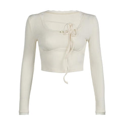U neck long sleeve lace hem self tie crop top