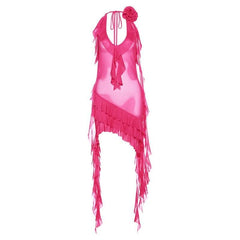 See through halter sheer mesh ruffle flower applique mini dress-final-sale