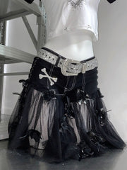 Cross pattern beaded mesh flower applique short pant set