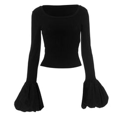 Long puff sleeve round neck ribbed ruched top-final-sale