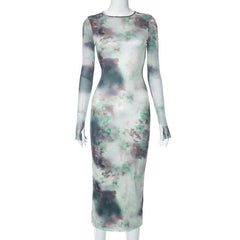 Long sleeve crewneck tie dye mesh gloves contrast midi dress-final-sale