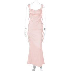 Cowl neck satin backless ruffle cami maxi dress