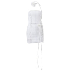 Ruffle flower applique ruched solid tube mini skirt set-final-sale
