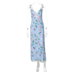 Print v neck lace hem knotted cami maxi dress