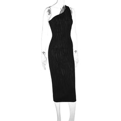 Textured one shoulder irregular hollow out solid cut out midi dress