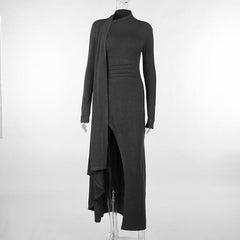 Long sleeve slit high neck solid maxi dress-final-sale