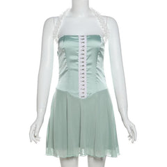 Halter button mesh backless mini dress