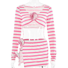 Striped flower applique long sleeve contrast slit mini skirt set-final-sale