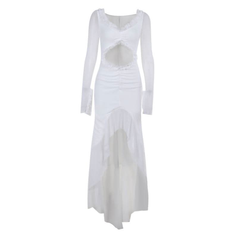 Hollow out long sleeve ruched ruffle mesh cut out maxi dress