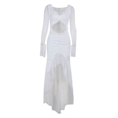 Hollow out long sleeve ruched ruffle mesh cut out maxi dress