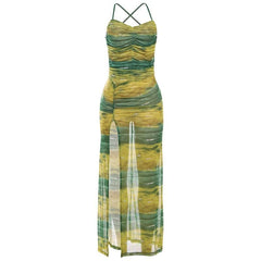 Sheer mesh contrast high slit ruched knotted cami maxi dress
