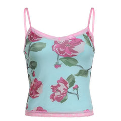 Lace hem flower print v neck contrast mesh top-final-sale