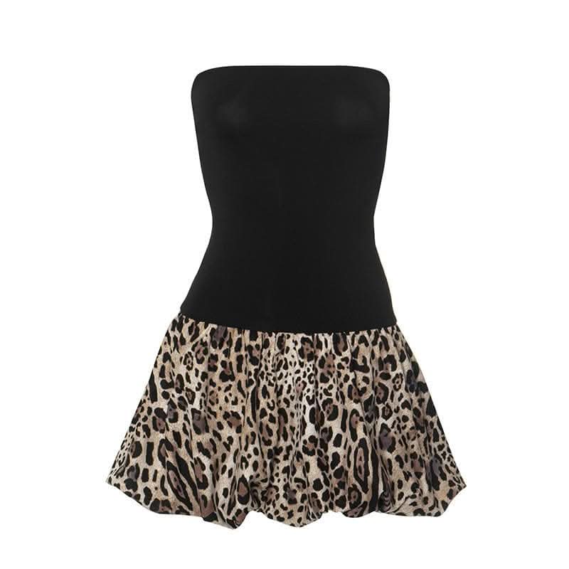Leopard print patchwork ruched tube mini dress-final-sale