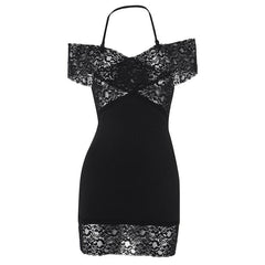 Halter off shoulder lace see through patchwork mini dress