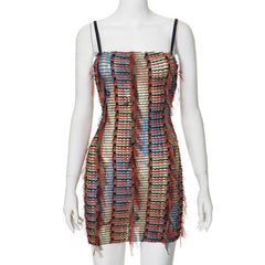 Mesh ruffle stitch contrast textured cami mini dress-final-sale
