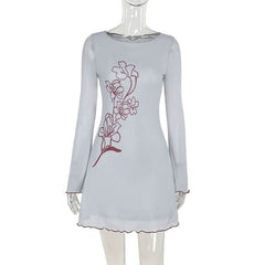 Long sleeve mesh flower print ruffle mini dress
