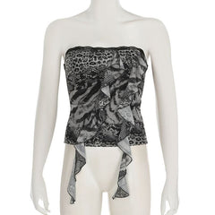 Leopard print ruffle lace hem tube top