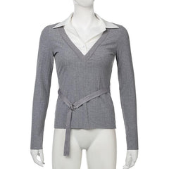 Turnover collar long sleeve ribbed belt top