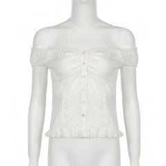 Off shoulder ruched button ruffle top