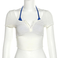 Short sleeve self tie contrast halter button 2 piece crop top