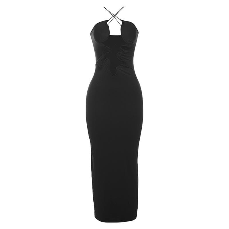 Hollow out cross front backless cami cut out maxi dress