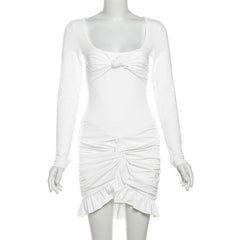 Long sleeve u neck ruched ruffle mini skirt set