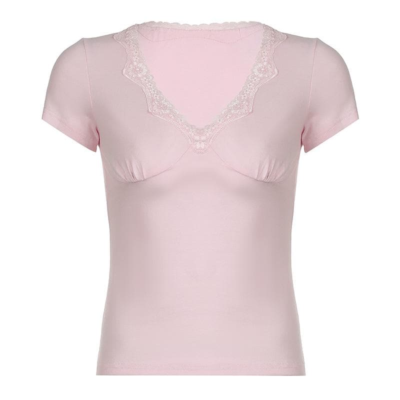 Short sleeve v neck ruched lace hem top