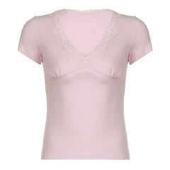 Short sleeve v neck ruched lace hem top