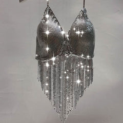 V neck halter self tie tassels glitter top