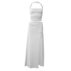 Halter ruched backless high slit maxi skirt set