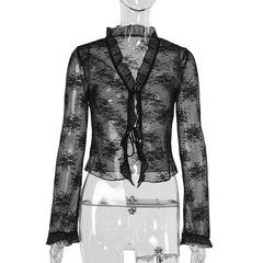 Long sleeve v neck lace self tie top