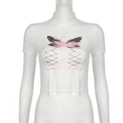 Short sleeve high neck butterfly print bowknot crop top